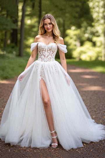 Off The Shoulder Corset Ivory Wedding Dress with Slit